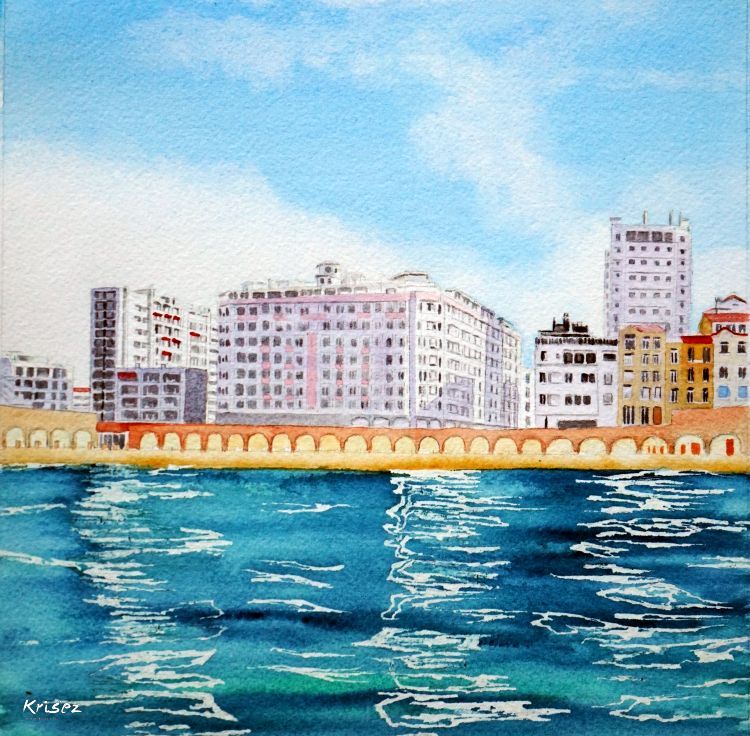 Le front de mer des Catalans. Aquarelle.